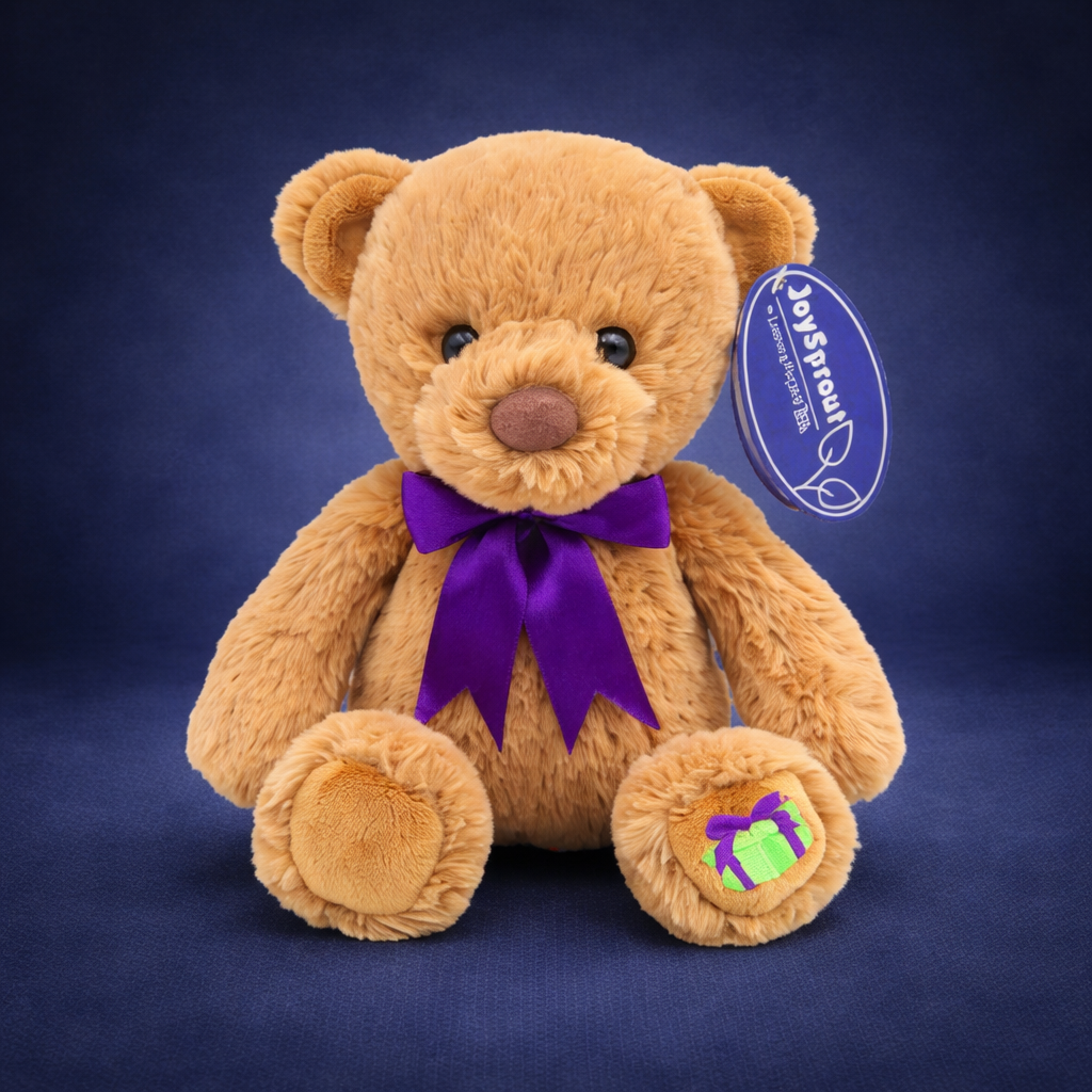 joy sprout plush bear sitting on purple background