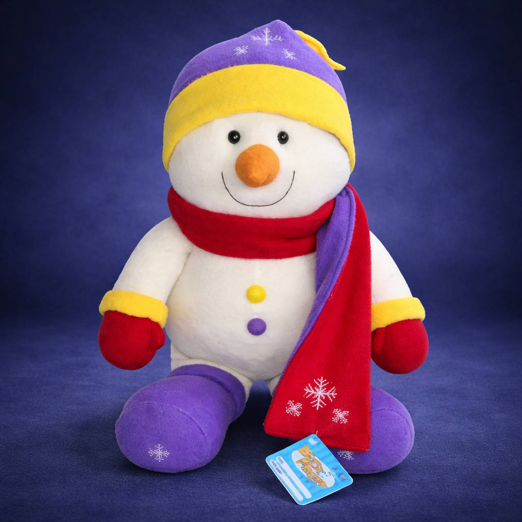 plush custom snowman manufacturer sitting on purple background