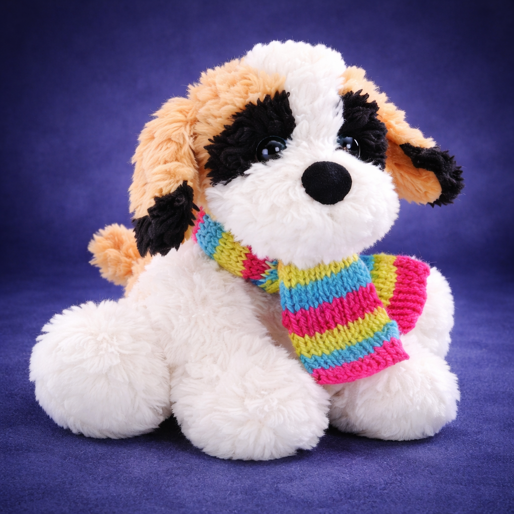 cute custom plush dog wearing a scarf sitting on a purple background