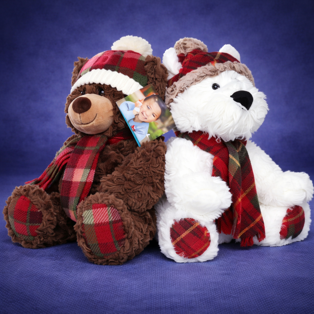 st judes plush animals sitting on purple background