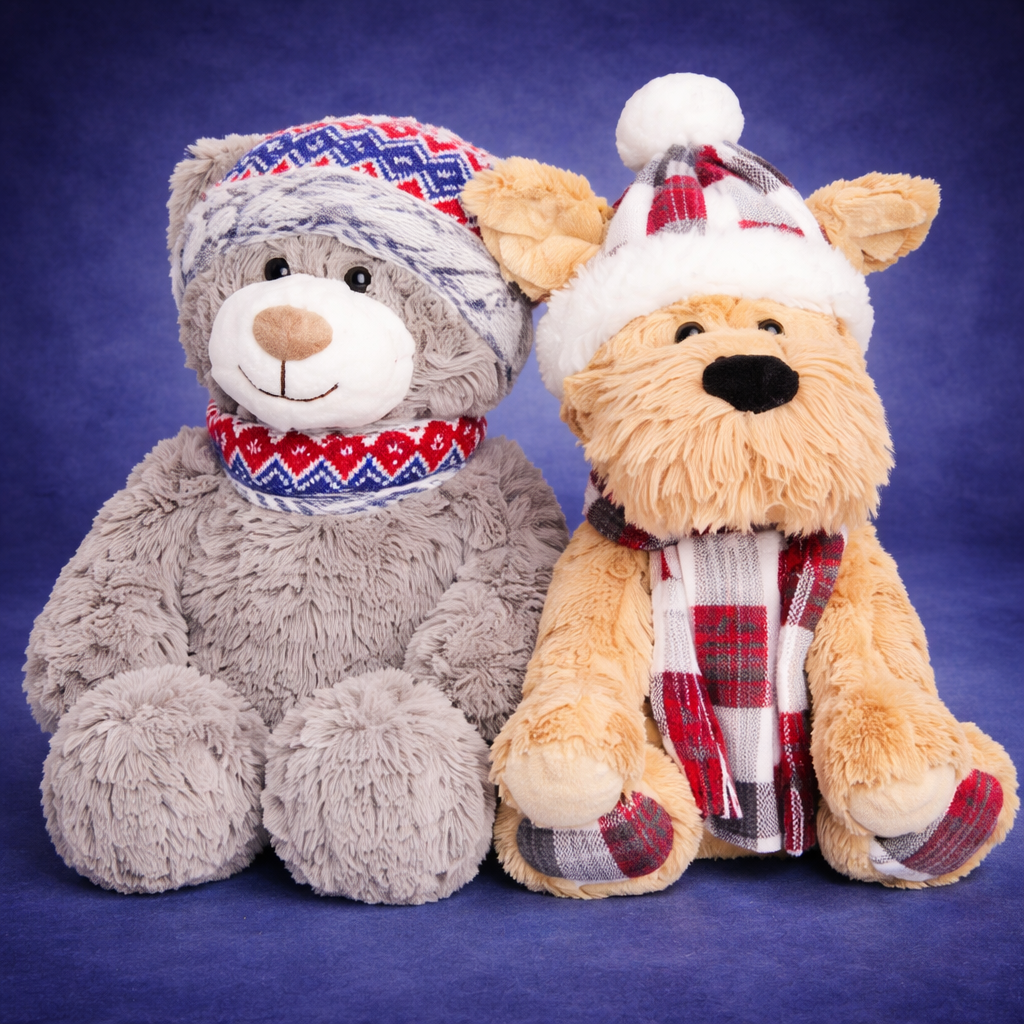 st judes plush animals sitting on purple background