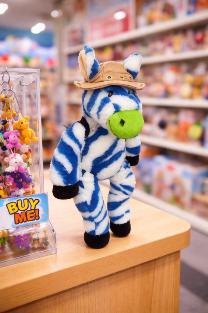 zebra plush doll custom made in a store setting