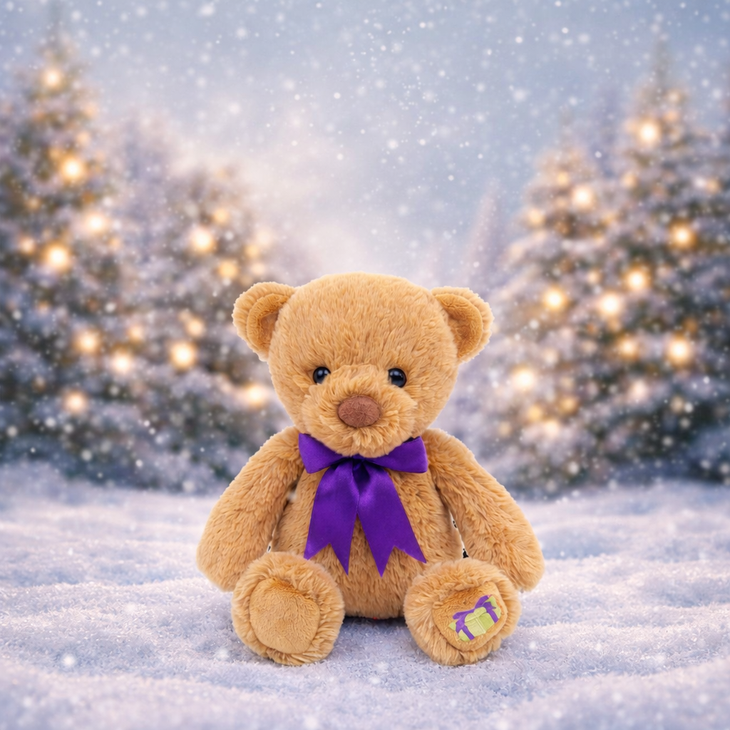 maxie plush bear sitting on christmas snow with trees in background
