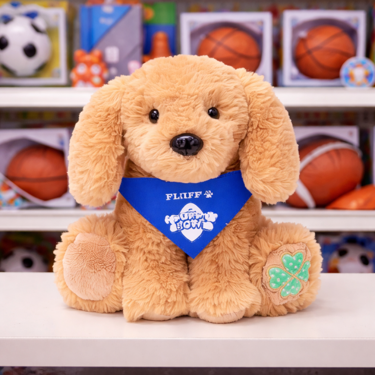 Lucky the Dog, Puppy Bowl bandana sitting in front of a store shelf